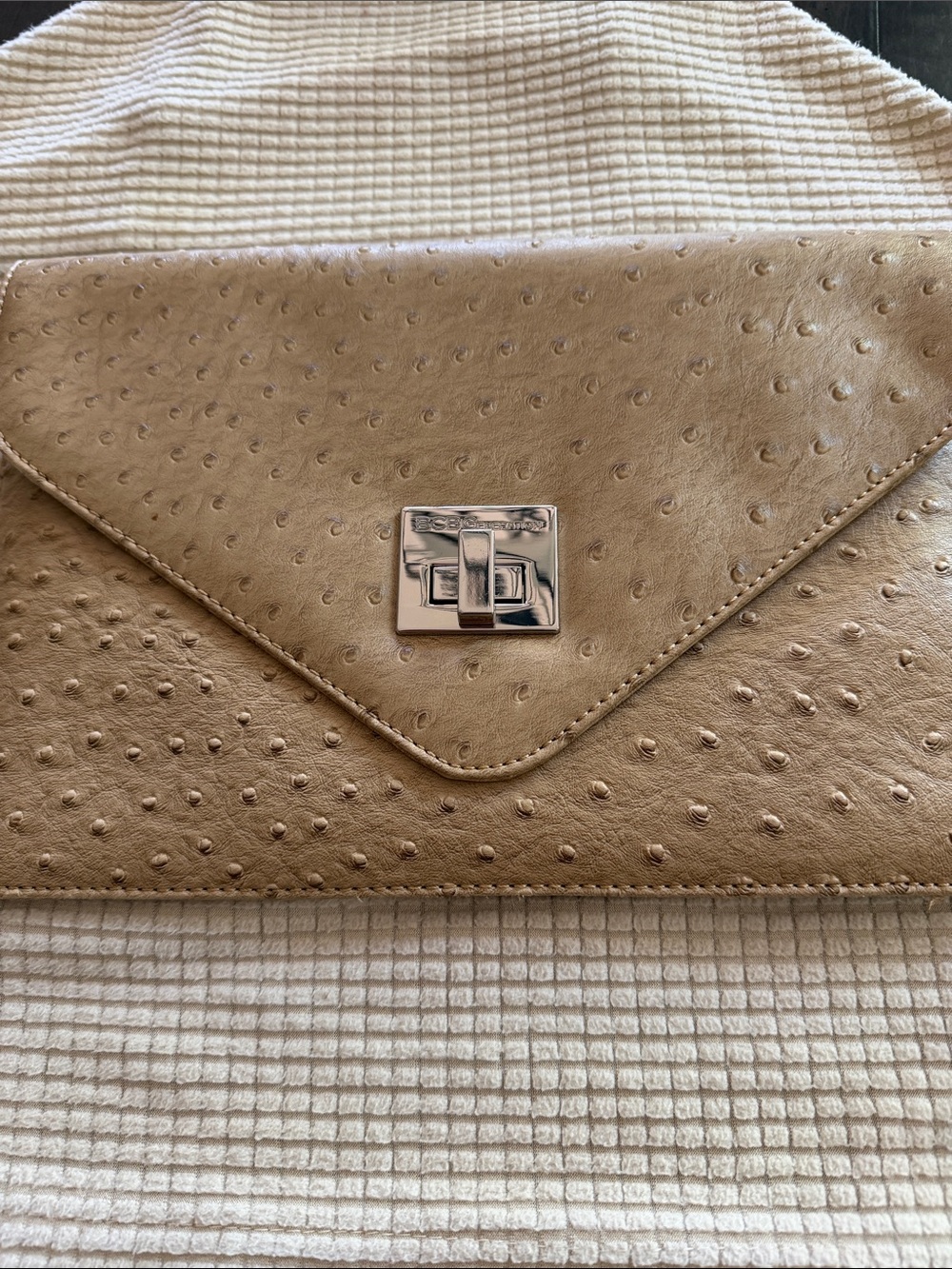 BCBGeneration Taupe Ostrich-Embossed Envelope Clutch with Silver Turn-Lock